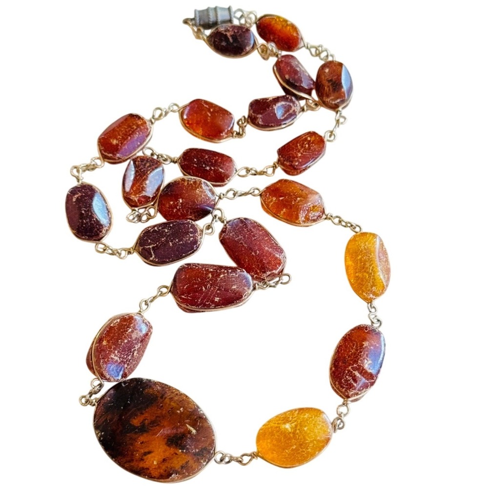 VTG BOHO Cognac Amber Necklace Genuine Beads Natural Beaded Gold Filled Wire 21"